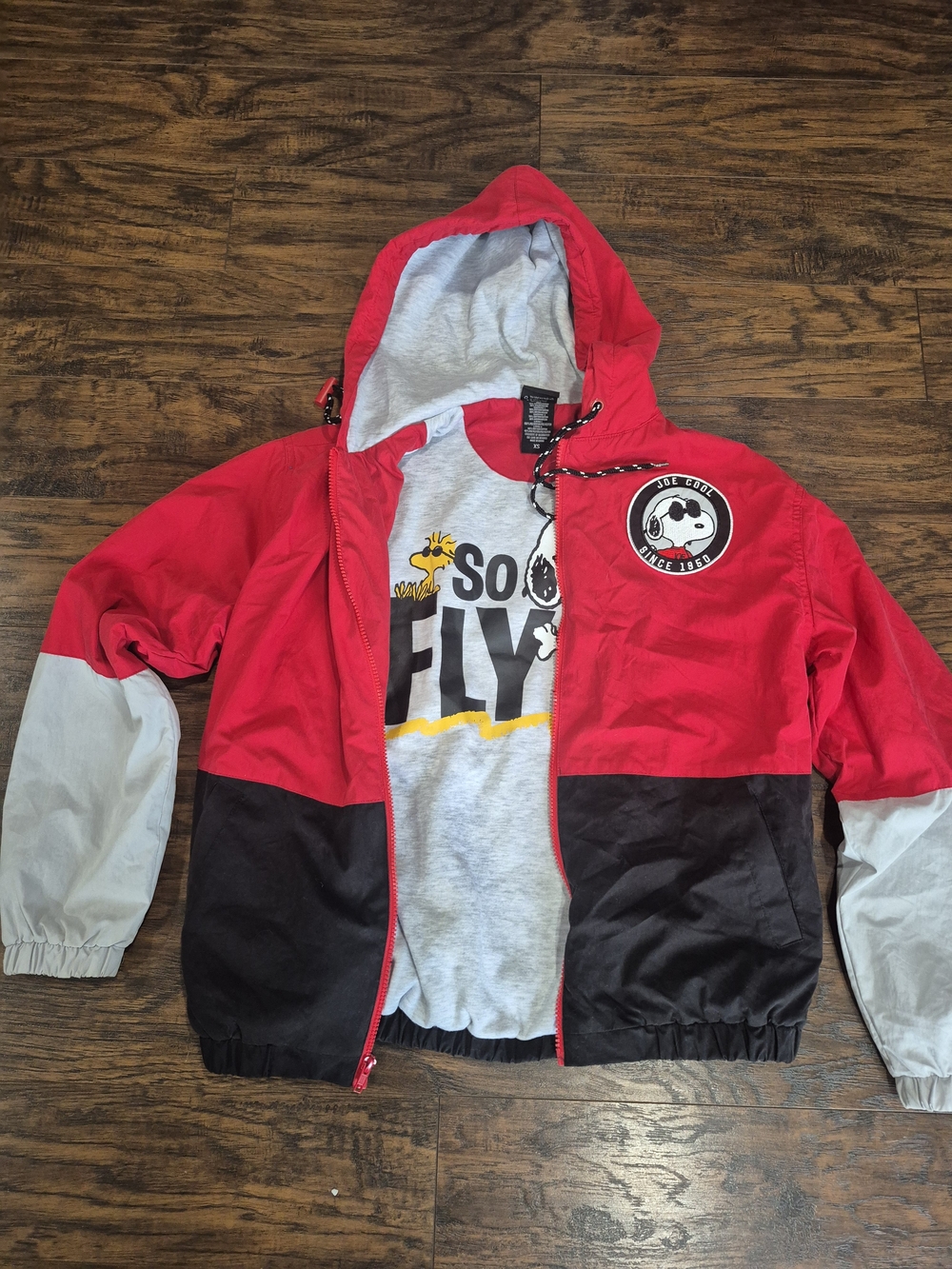 Snoopy Colorblock Hooded Raincoat Jacket - Red/Black/Grey